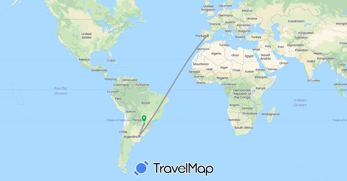TravelMap itinerary: driving, bus, plane in Argentina, Brazil, Spain, France (Europe, South America)